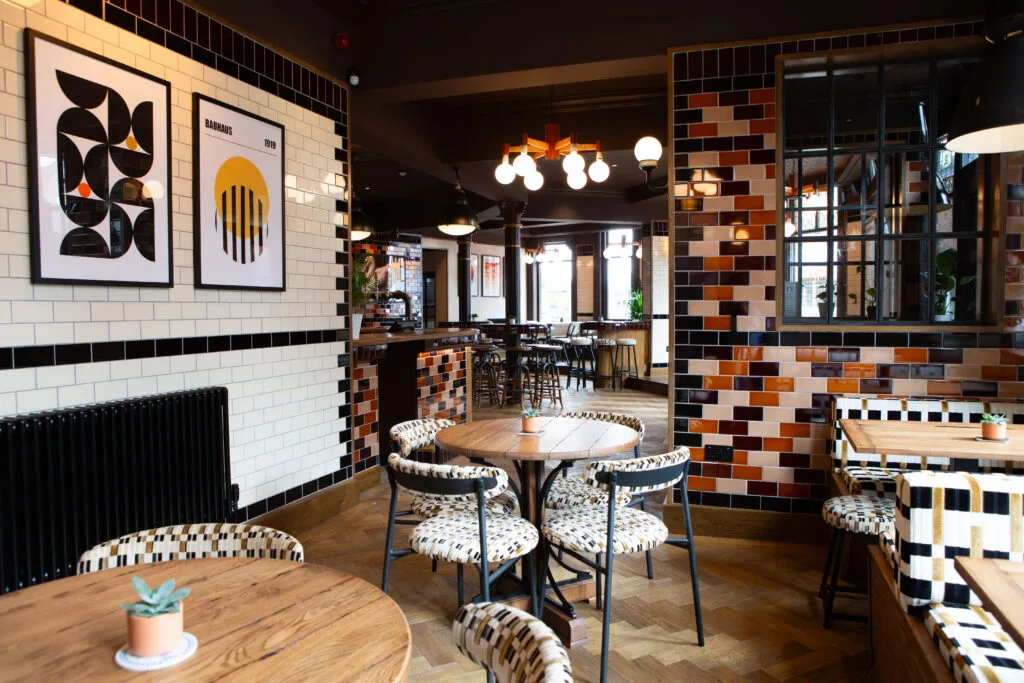 Midcentury feel bar area at Swan & Chequers