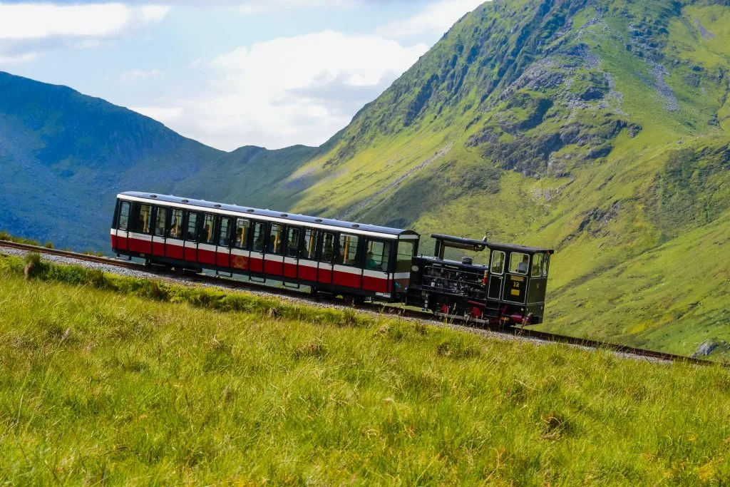 Views of Snowdonia National Park and the old iron dog with the old train going up the mountains