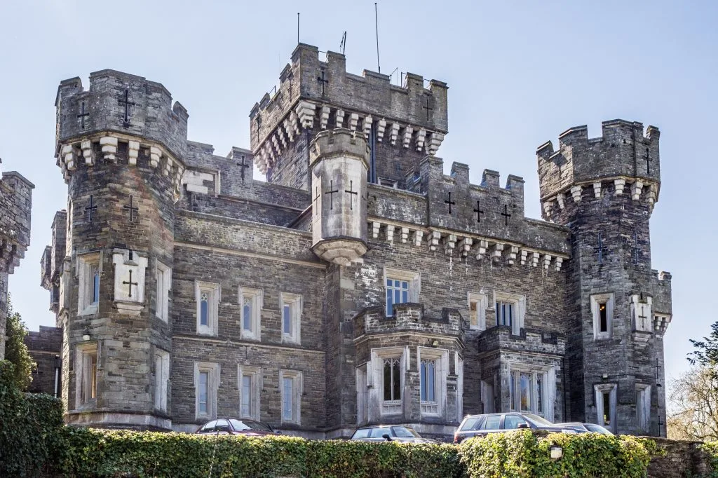 Victorian Neo-gothic Wray Castle on the shores of Lake Windermere, Cumbria