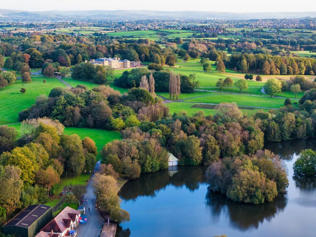 Aerial photo of Heaton Park, Manchester taken an early October morning