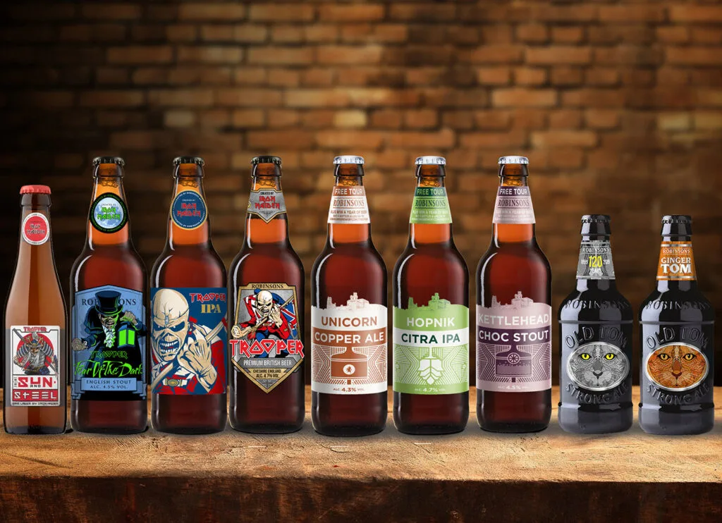 A lineup of Robinsons beer bottles